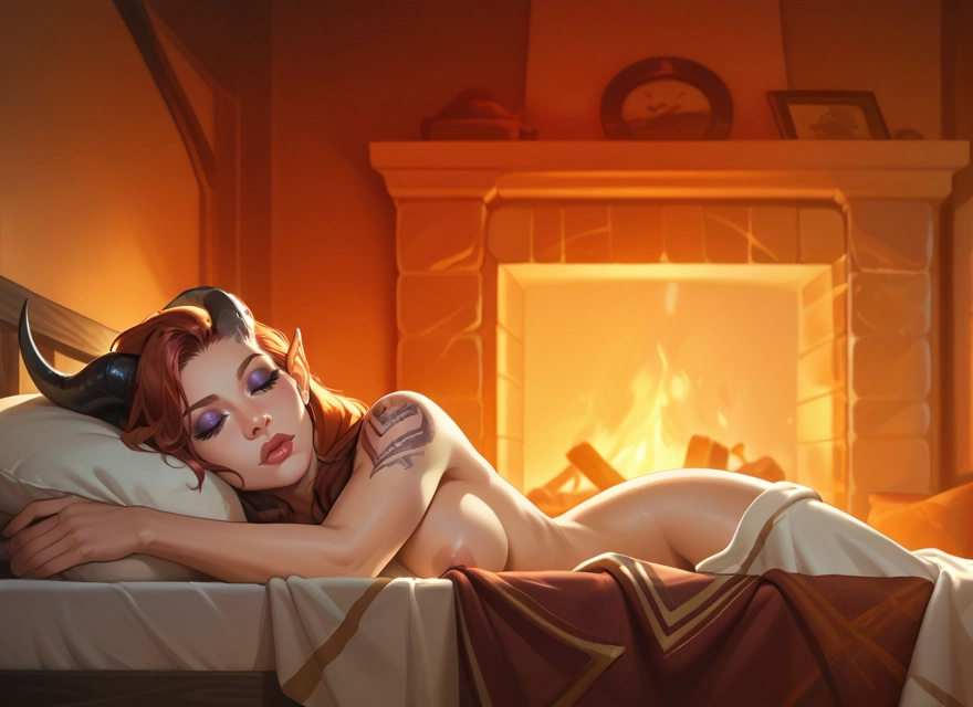 1girl, horns, breasts, solo, pointy ears, nipples · Yamete.gg