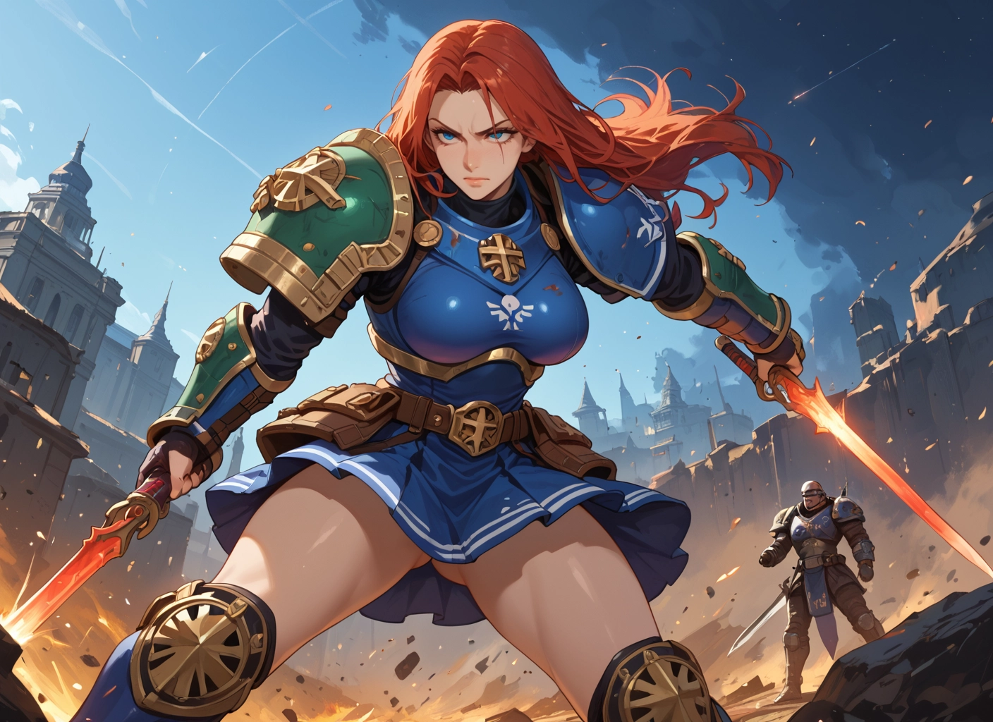 1girl, weapon, sword, blue eyes, armor, long hair · Yamete.gg