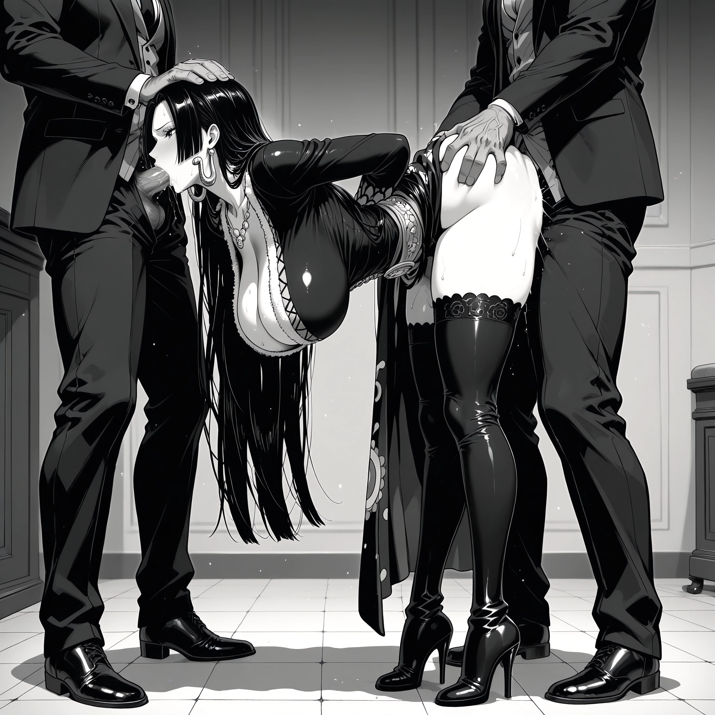 1girl, monochrome, greyscale, breasts, oral, penis · Yamete.gg