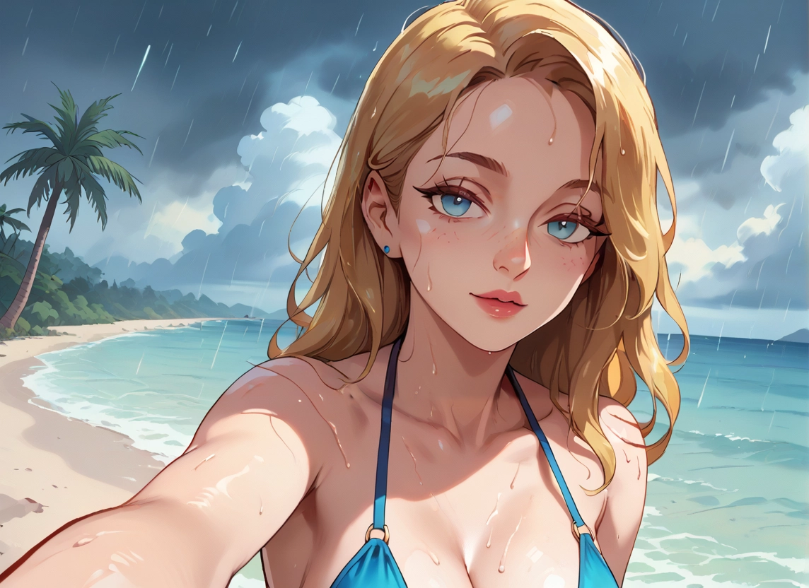1girl, swimsuit, blonde hair, solo, outdoors, breasts · Yamete.gg