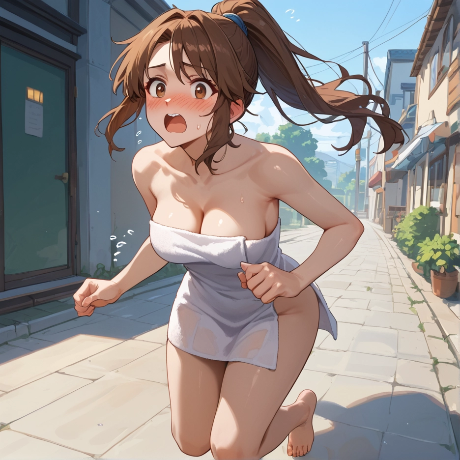 breasts, 1girl, brown hair, towel, blush, solo · Yamete.gg