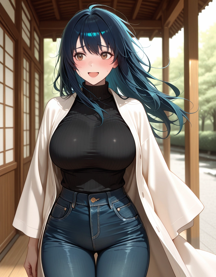 1girl, breasts, pants, blush, denim, solo · Yamete.gg