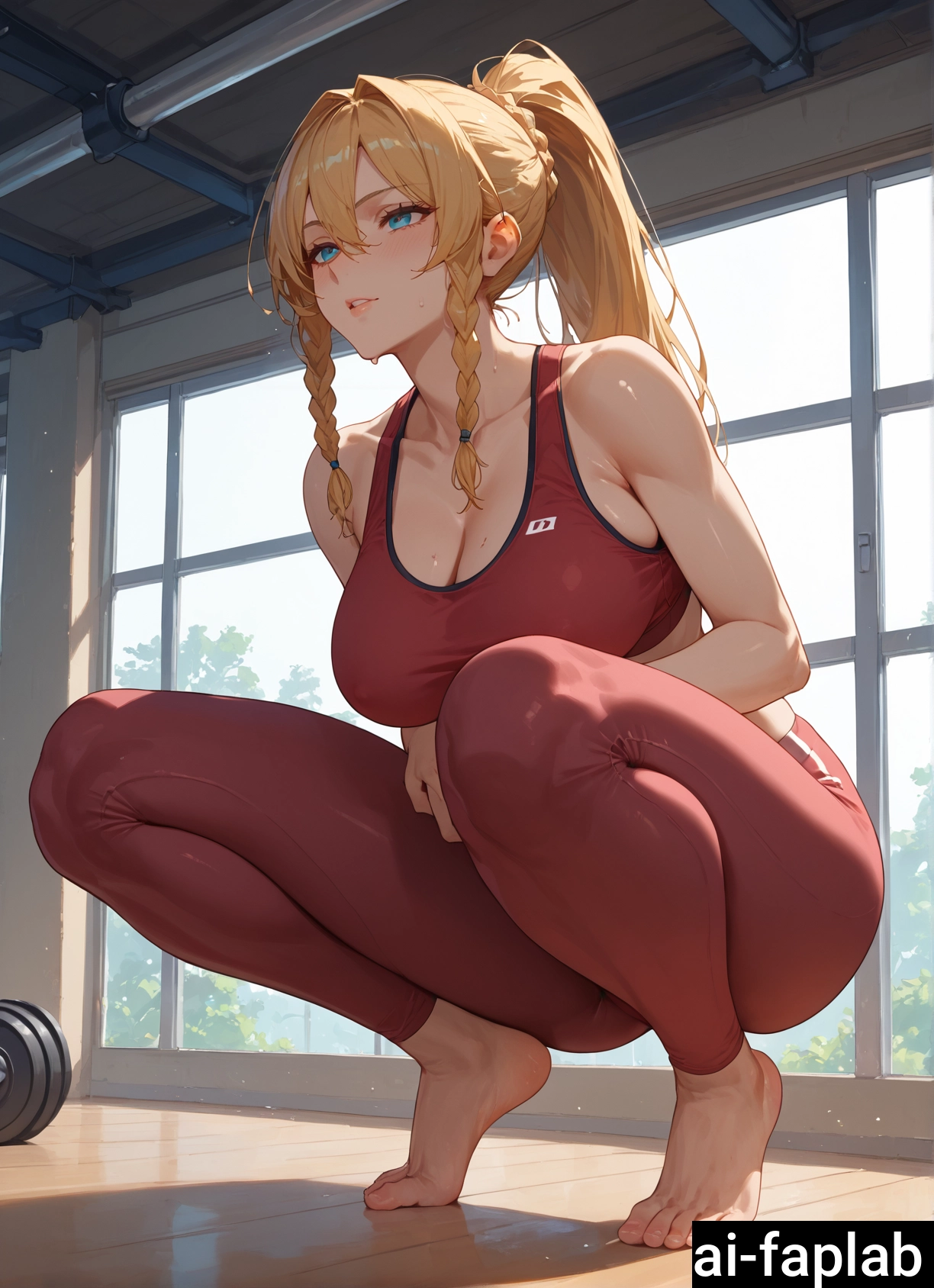 1girl, breasts, blonde hair, braid, squatting, solo