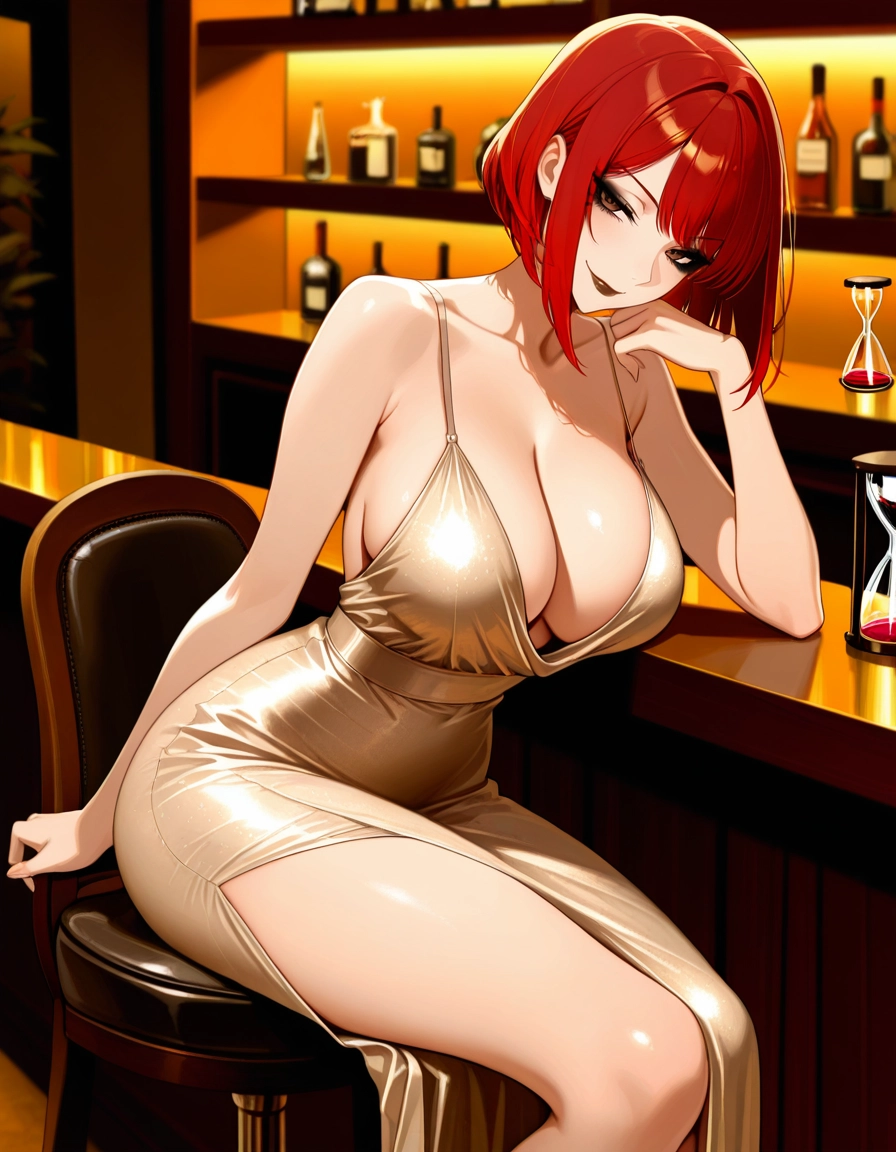 1girl, breasts, dress, red hair, cleavage, sitting · Yamete.gg