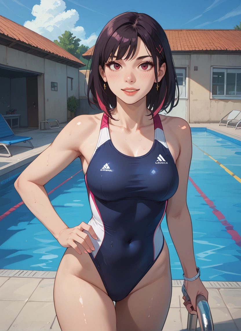 1girl, swimsuit, one-piece swimsuit, breasts, pool, solo · Yamete.gg