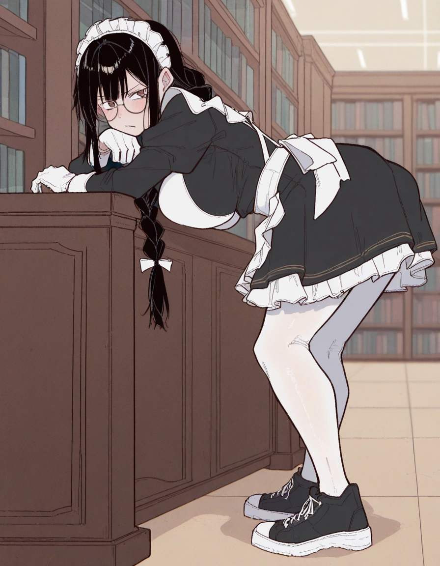 1girl, glasses, maid, breasts, maid headdress, braid · Yamete.gg
