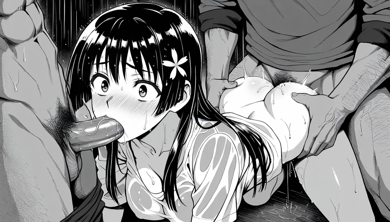 group sex, 1girl, multiple boys, greyscale, monochrome, spitroast · Yamete.gg