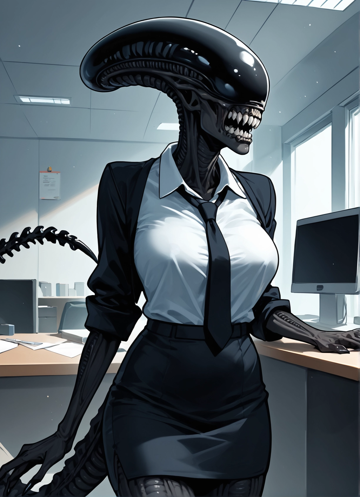 1girl, necktie, skirt, breasts, shirt, indoors · Yamete.gg