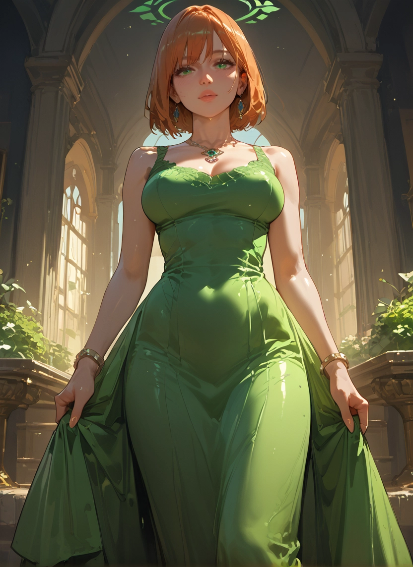 1girl, dress, jewelry, green eyes, earrings, breasts · Yamete.gg