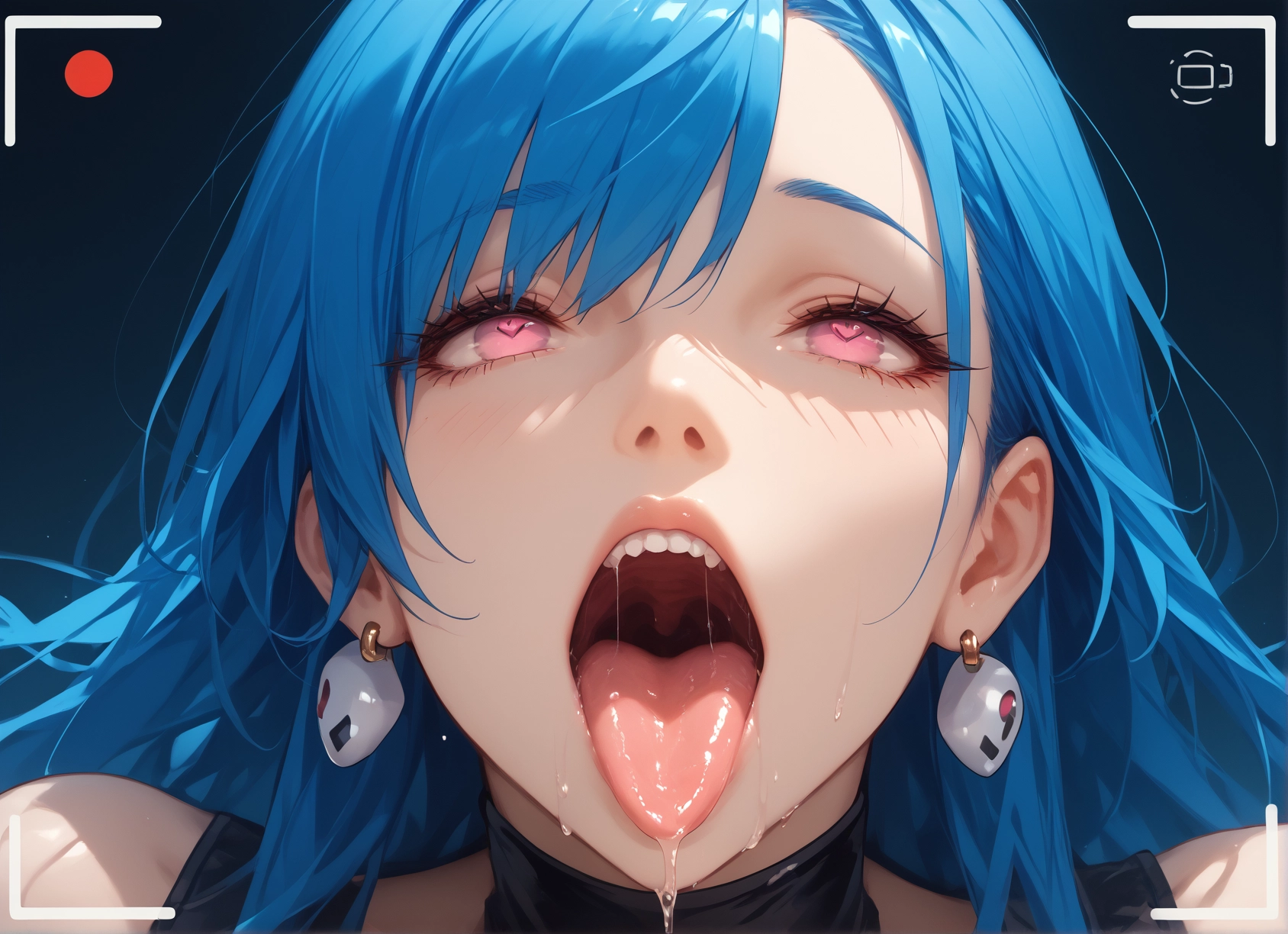 1girl, solo, jewelry, earrings, blue hair, tongue · Yamete.gg