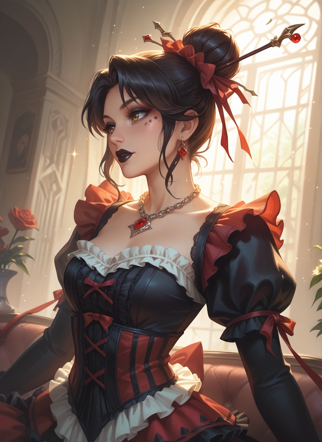 1girl, solo, jewelry, flower, earrings, mole · Yamete.gg