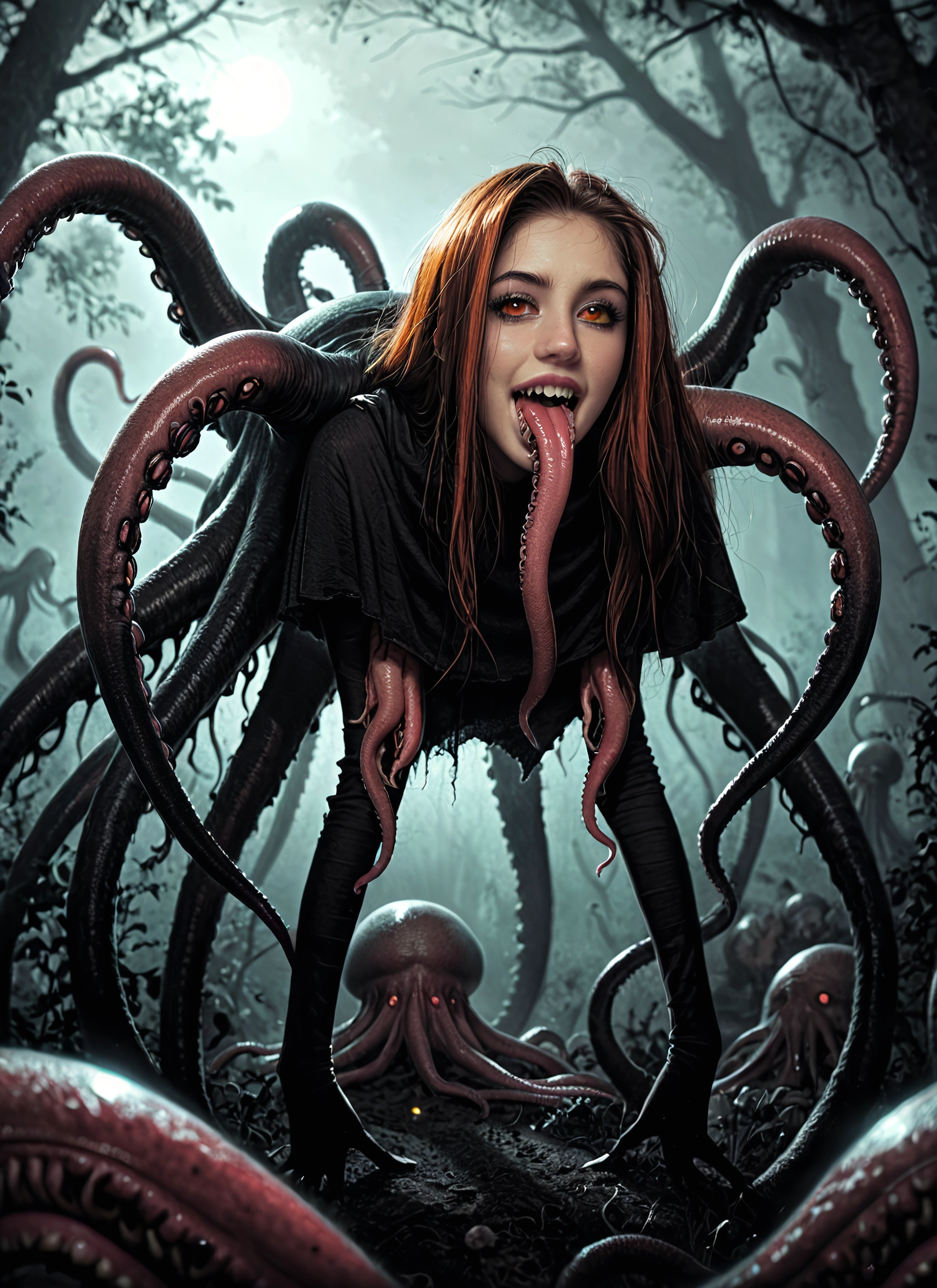 tentacles, 1girl, tongue, long hair, teeth, tongue out · Yamete.gg