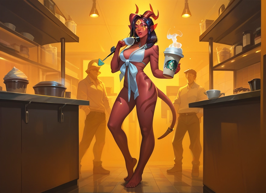 1girl, tail, horns, breasts, colored skin, cup · Yamete.gg