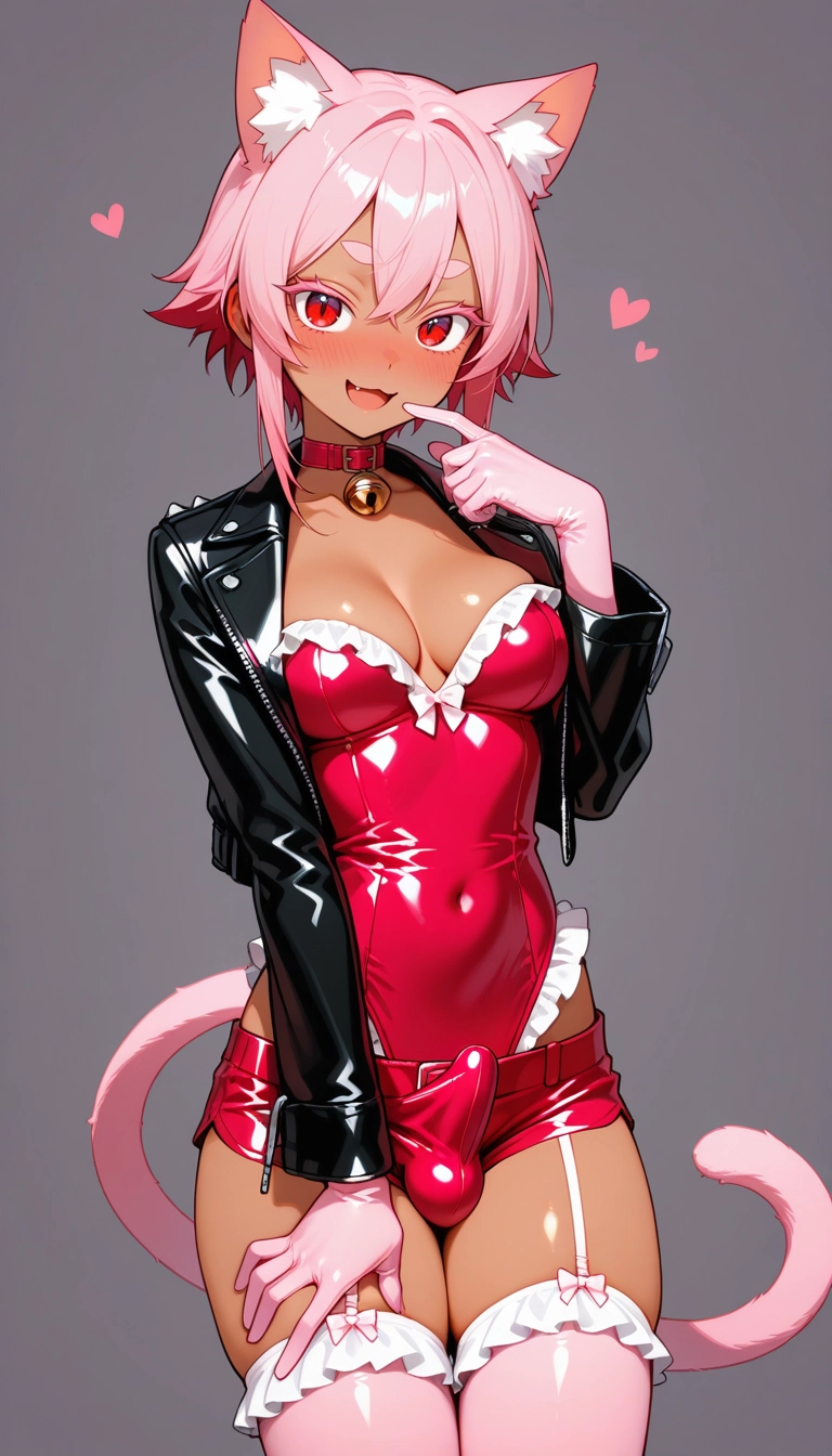 pink thighhighs, solo, gloves, 1girl, thighhighs, dark skin