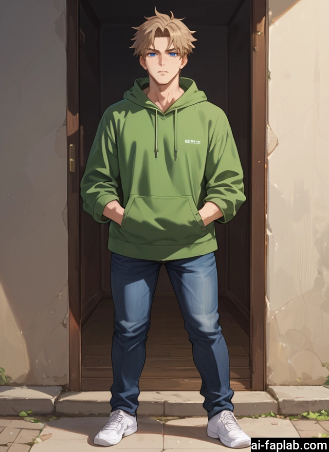 1boy, male focus, blue eyes, hood, pants, solo · Yamete.gg