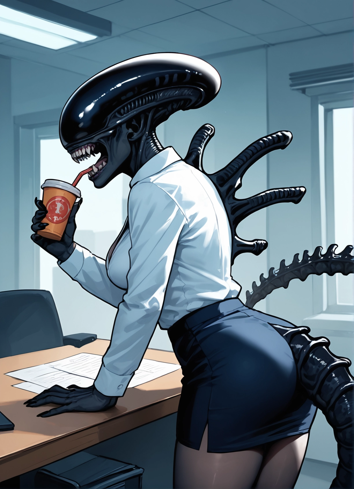 1girl, skirt, tail, teeth, shirt, cup · Yamete.gg