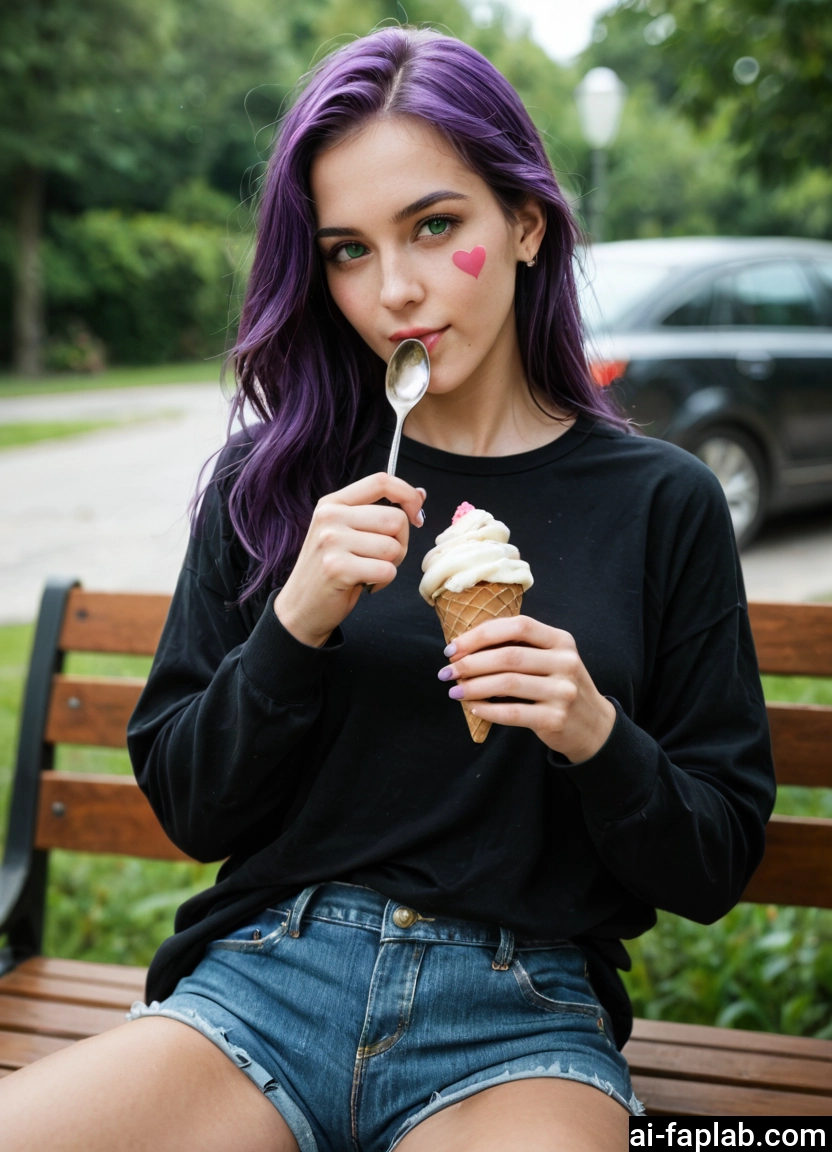1girl, food, shorts, ice cream, purple hair, green eyes · Yamete.gg