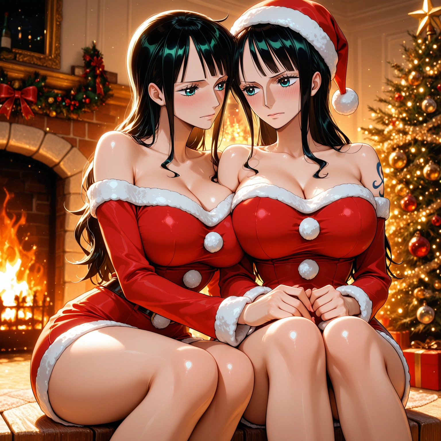 breasts, multiple girls, 2girls, long hair, hat, santa hat · Yamete.gg