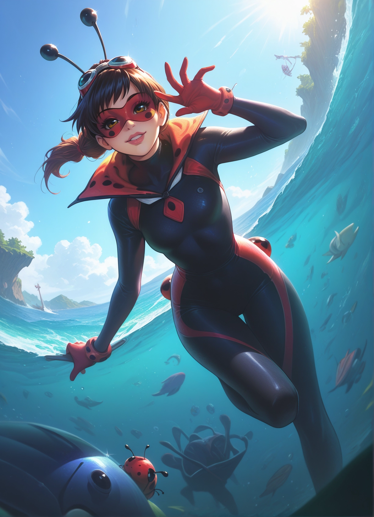 bodysuit, 1girl, goggles, gloves, smile, fish