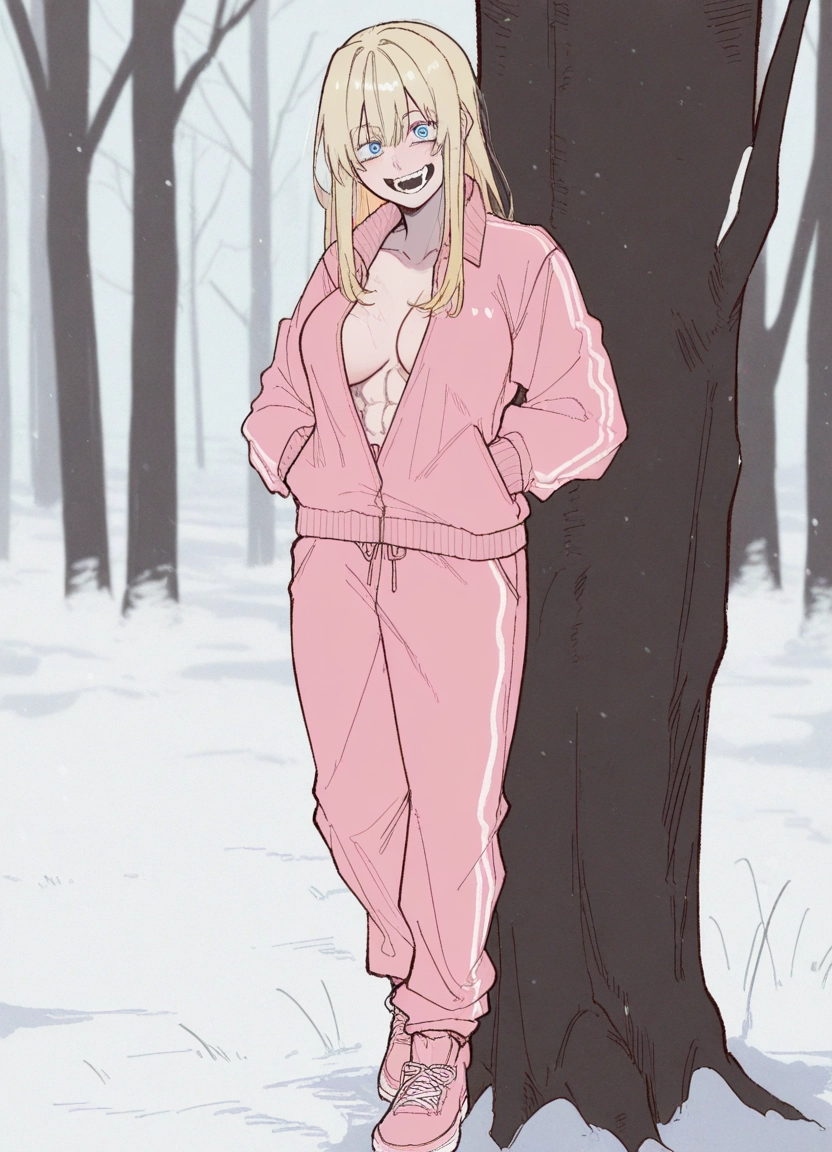 blonde hair, blue eyes, 1girl, breasts, solo, tree · Yamete.gg