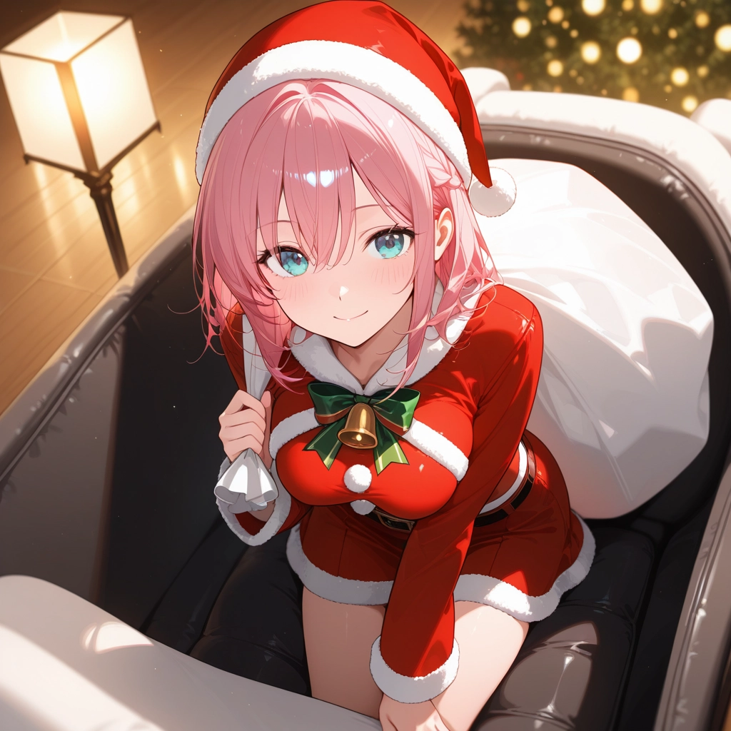 1girl, hat, solo, santa hat, pink hair, breasts · Yamete.gg