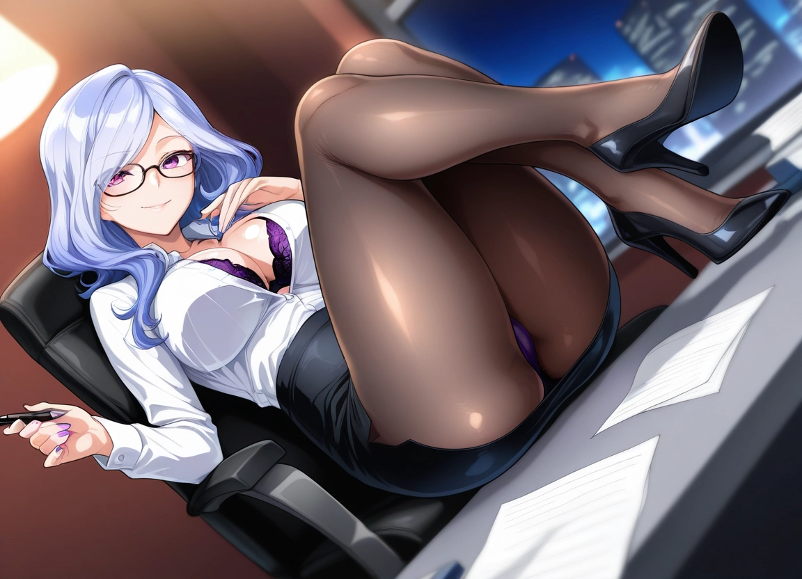 1girl, breasts, pantyhose, underwear, glasses, bra · Yamete.gg