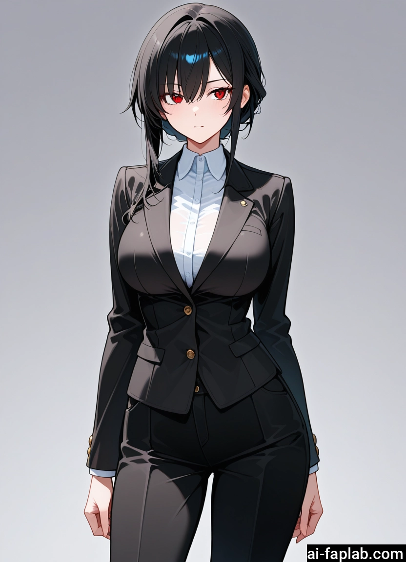1girl, red eyes, breasts, solo, large breasts, black hair