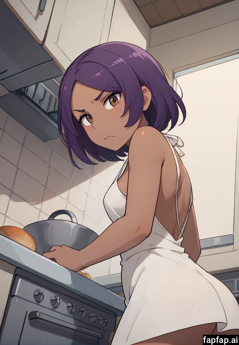 1girl, solo, dress, white dress, purple hair, kitchen · Yamete.gg