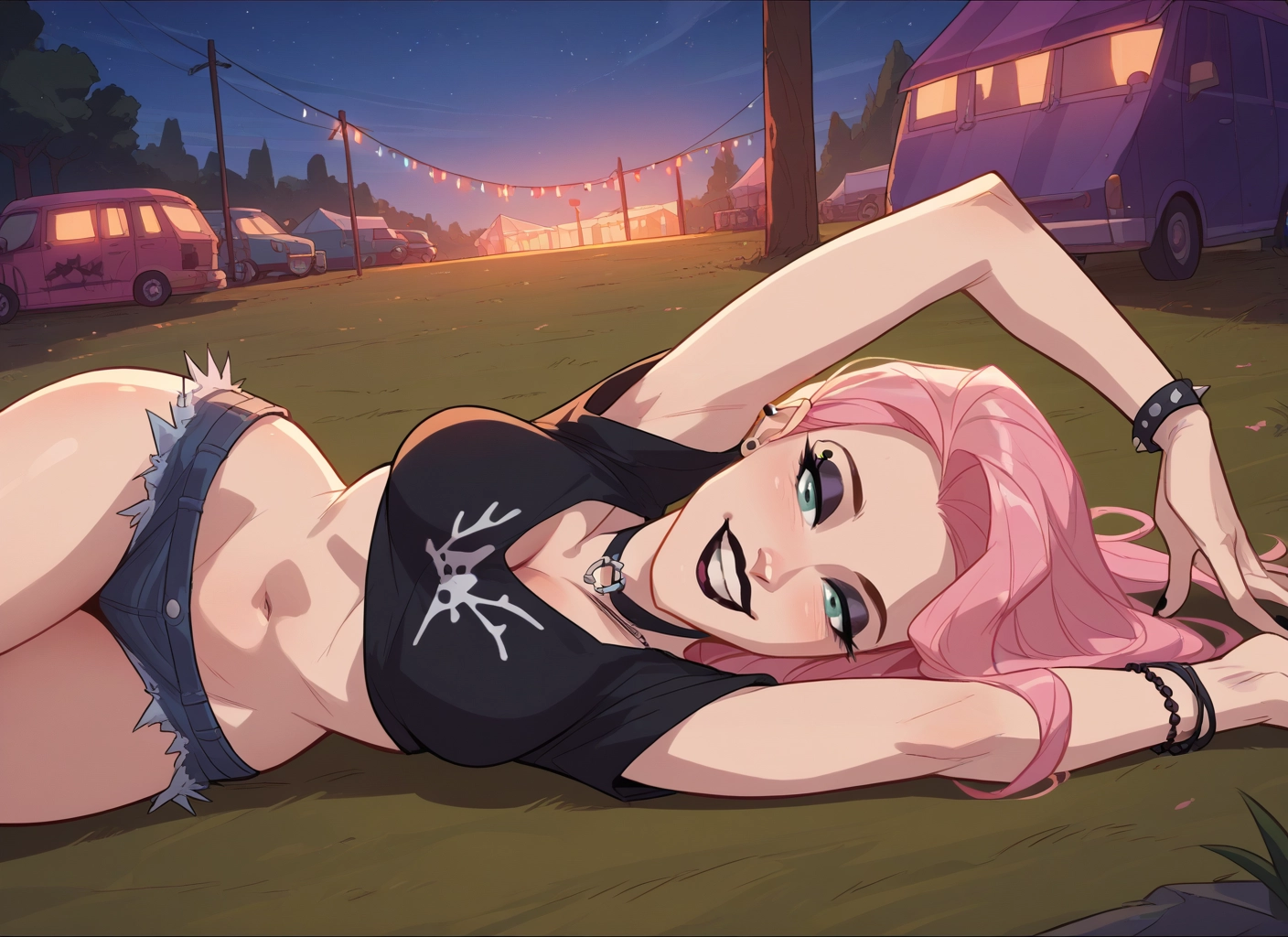 1girl, shorts, pink hair, navel, breasts, jewelry · Yamete.gg