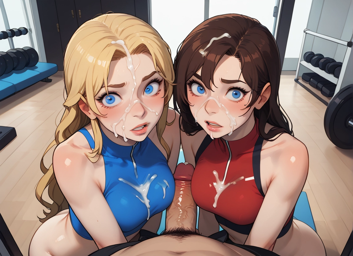 penis, multiple girls, 2girls, cum, blue eyes, blonde hair · Yamete.gg