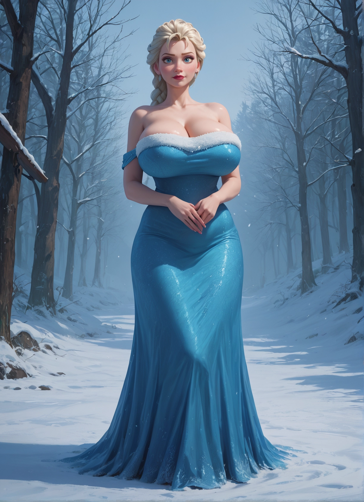 1girl, breasts, dress, blonde hair, snow, blue eyes · Yamete.gg
