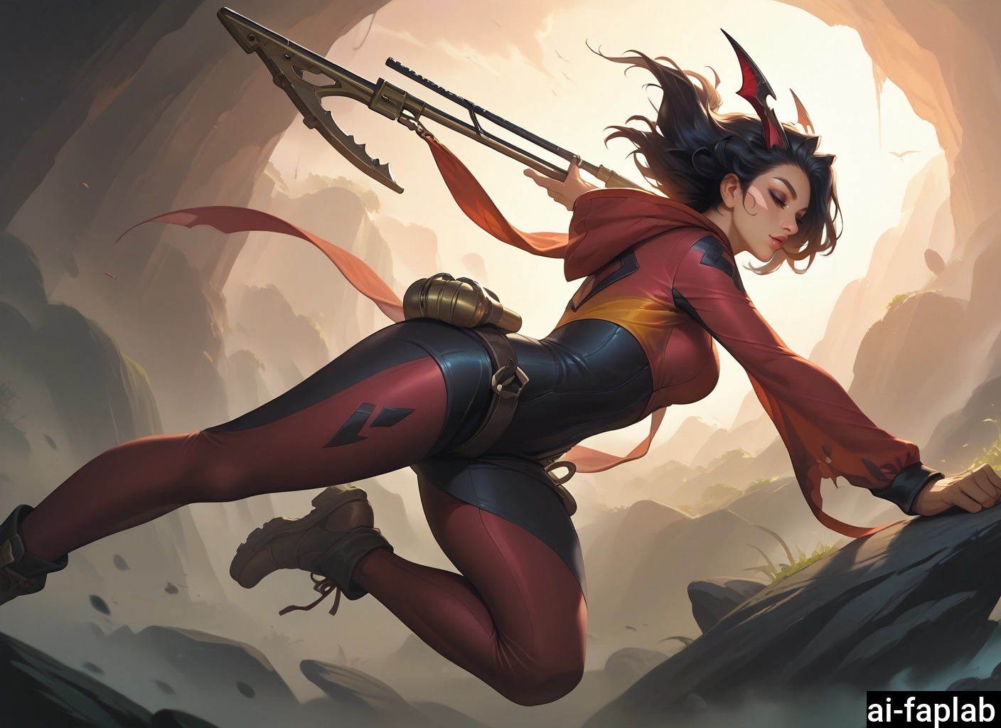 1girl, solo, weapon, black hair, hood, gun