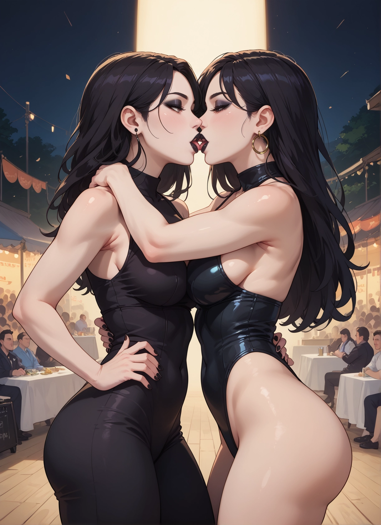 multiple girls, 2girls, breasts, jewelry, earrings, black hair · Yamete.gg