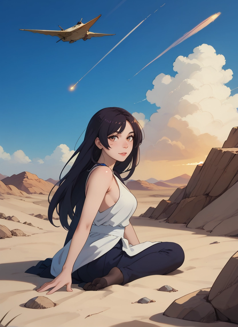 1girl, long hair, solo, sky, sitting, looking at viewer · Yamete.gg