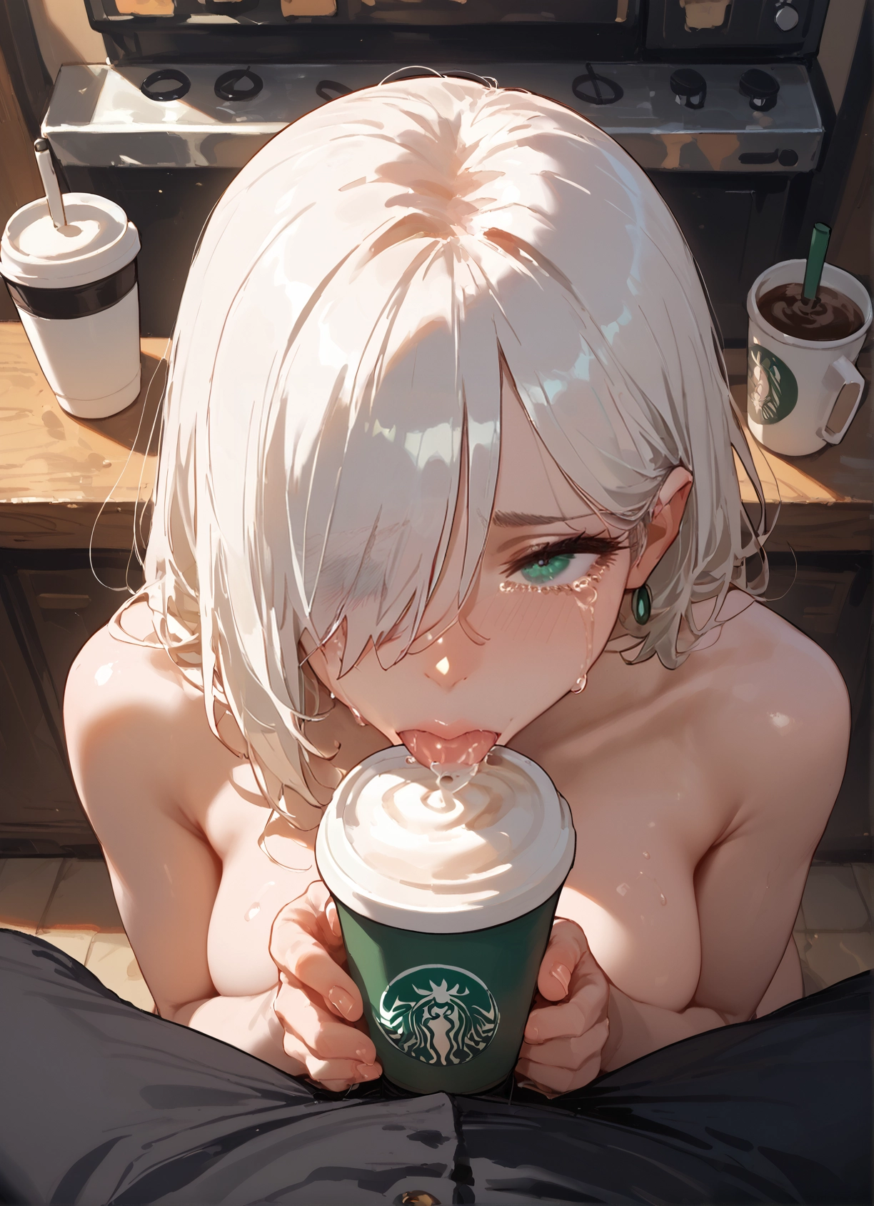 1girl, breasts, tongue, jewelry, hair over one eye, cup · Yamete.gg