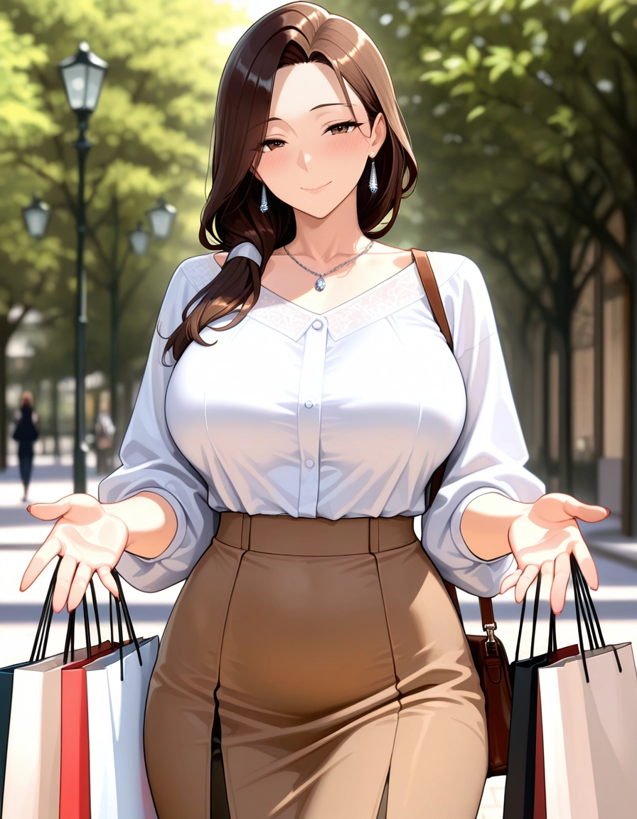 jewelry, breasts, shirt, skirt, outdoors, bag · Yamete.gg