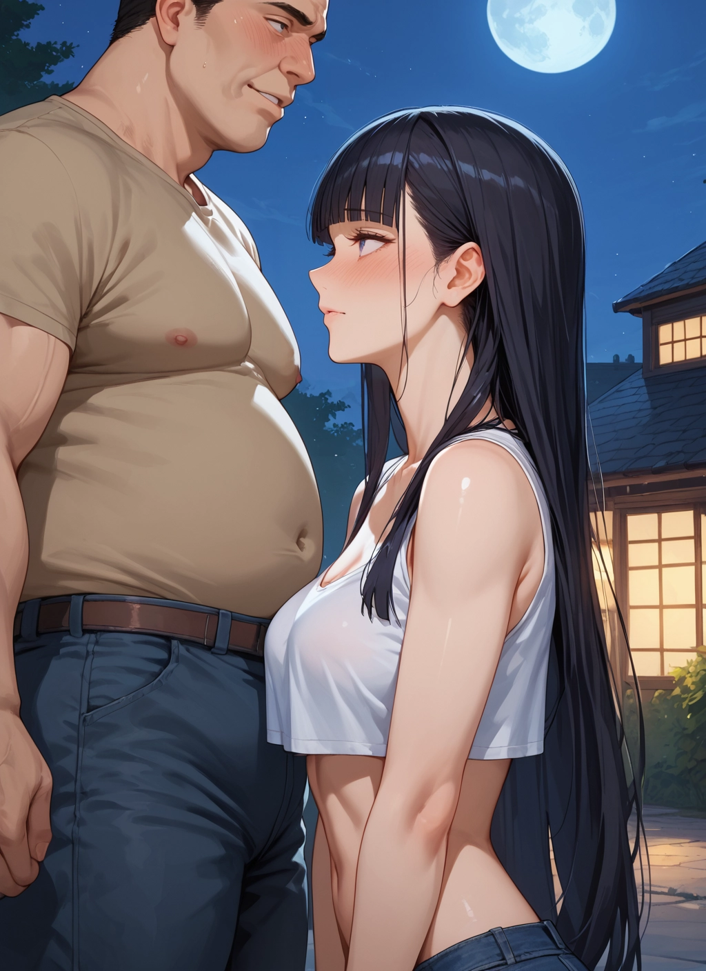 1girl, long hair, 1boy, breasts, black hair, moon · Yamete.gg