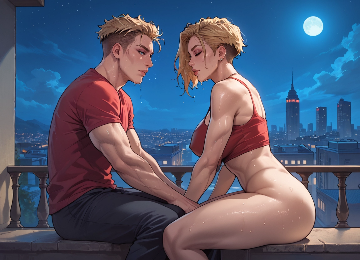 1boy, 1girl, muscular, blonde hair, bottomless, night · Yamete.gg