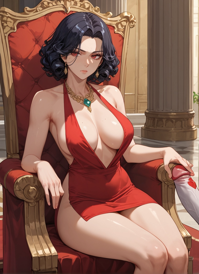 breasts, 1girl, dress, jewelry, large breasts, sitting · Yamete.gg