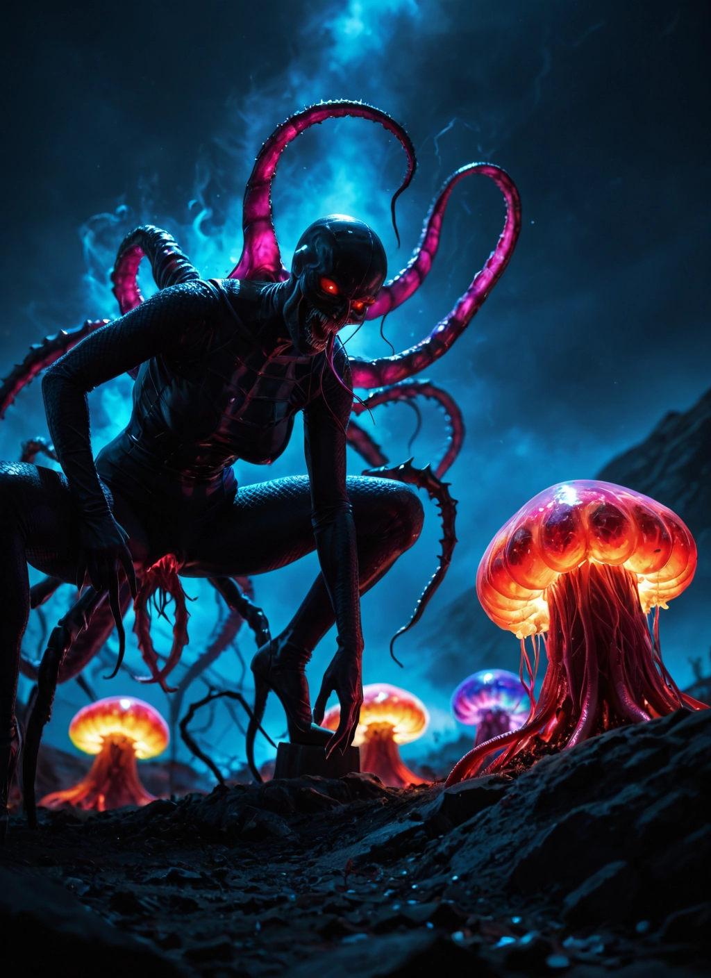 1girl, tentacles, glowing, solo, squatting, breasts · Yamete.gg
