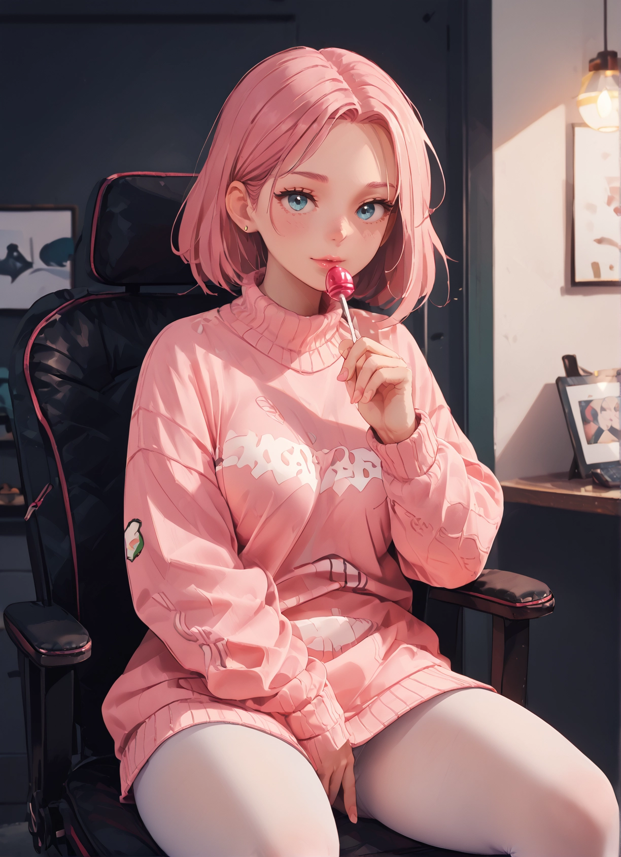 1girl, food, candy, pink hair, lollipop, sweater · Yamete.gg