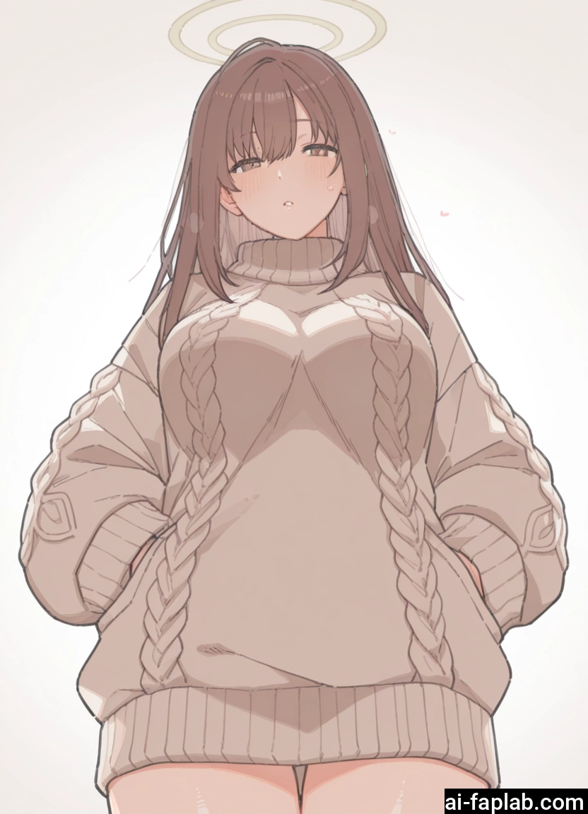 1girl, halo, solo, sweater, breasts, long hair