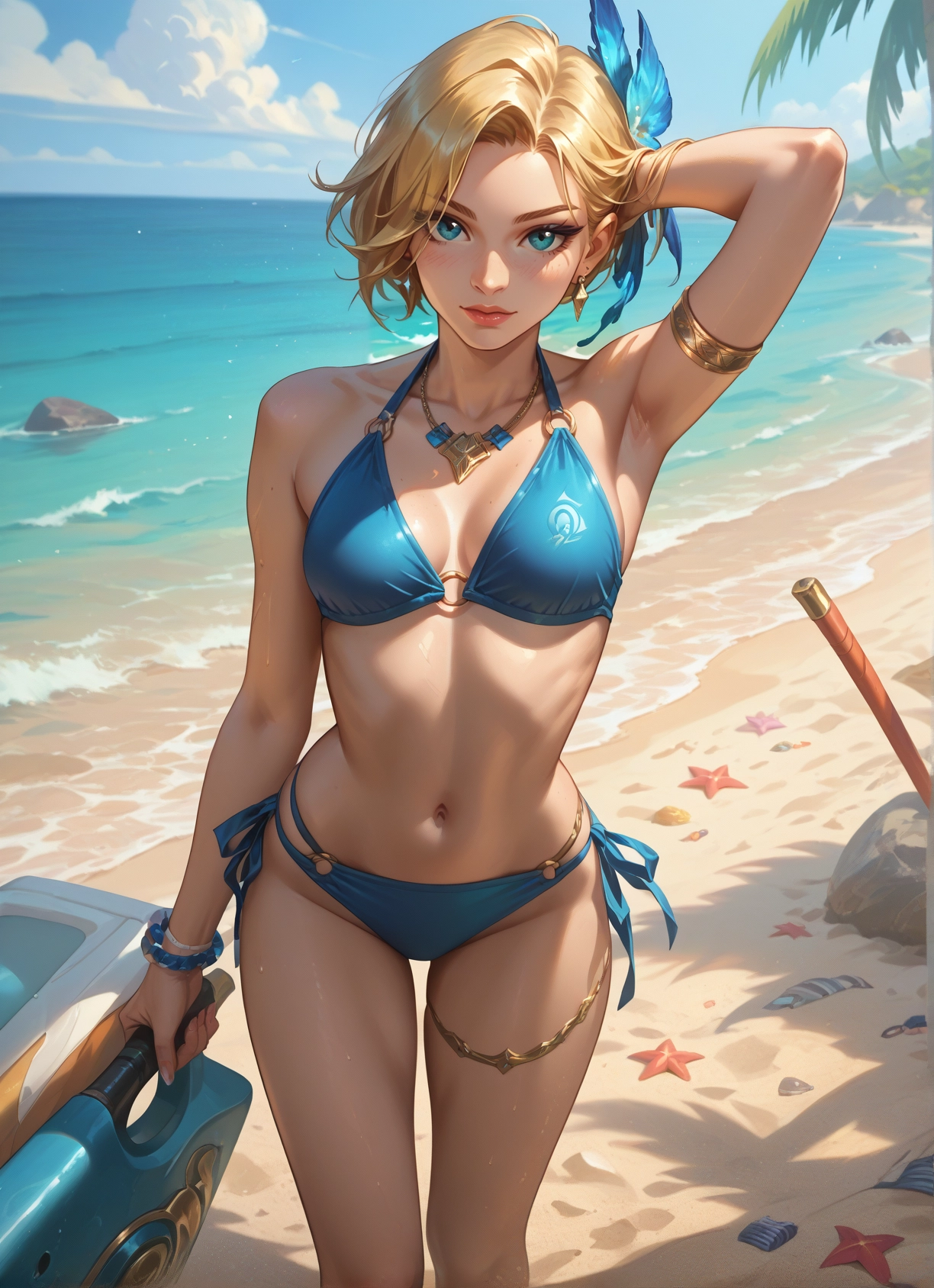1girl, swimsuit, blonde hair, bikini, solo, outdoors · Yamete.gg