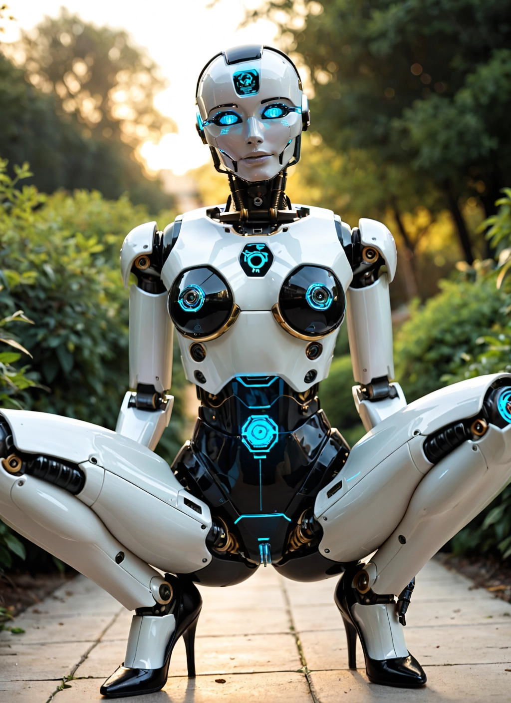 1girl, solo, squatting, high heels, robot joints, robot · Yamete.gg