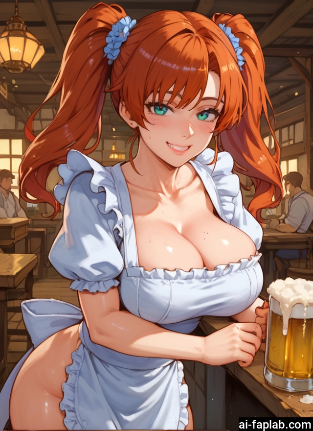 breasts, twintails, large breasts, smile, cleavage, apron · Yamete.gg
