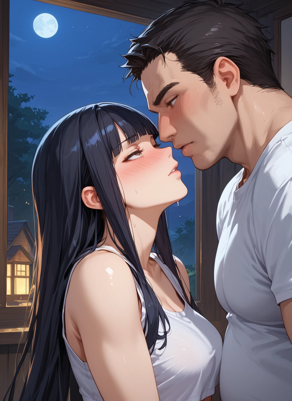 1girl, 1boy, long hair, black hair, moon, breasts · Yamete.gg