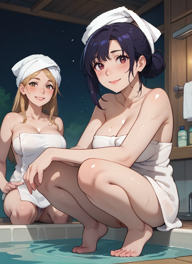 multiple girls, breasts, 2girls, towel, naked towel, smile · Yamete.gg