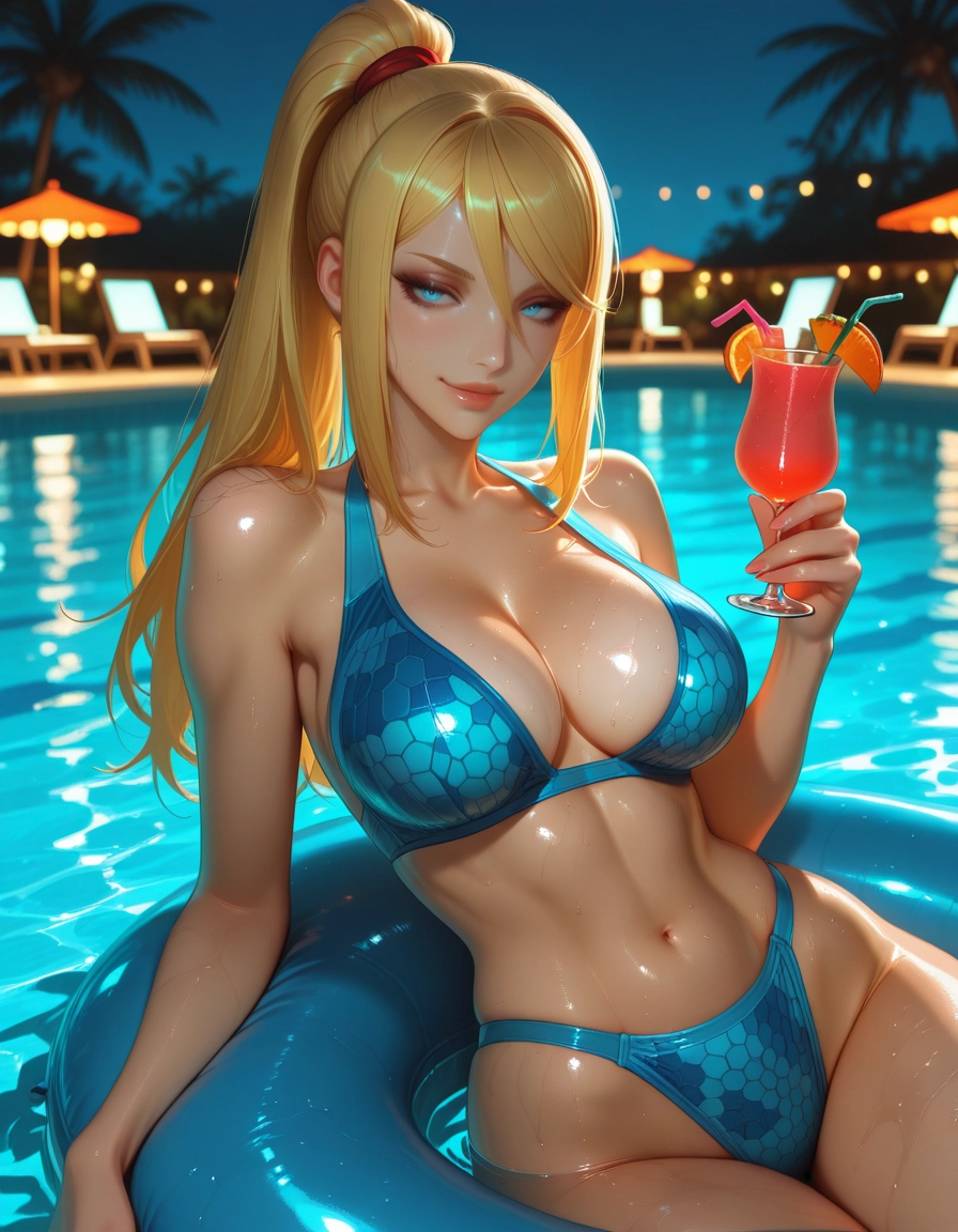 1girl, samus aran, breasts, swimsuit, blonde hair, pool