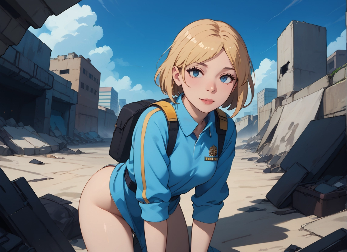 1girl, backpack, blonde hair, blue eyes, solo, outdoors