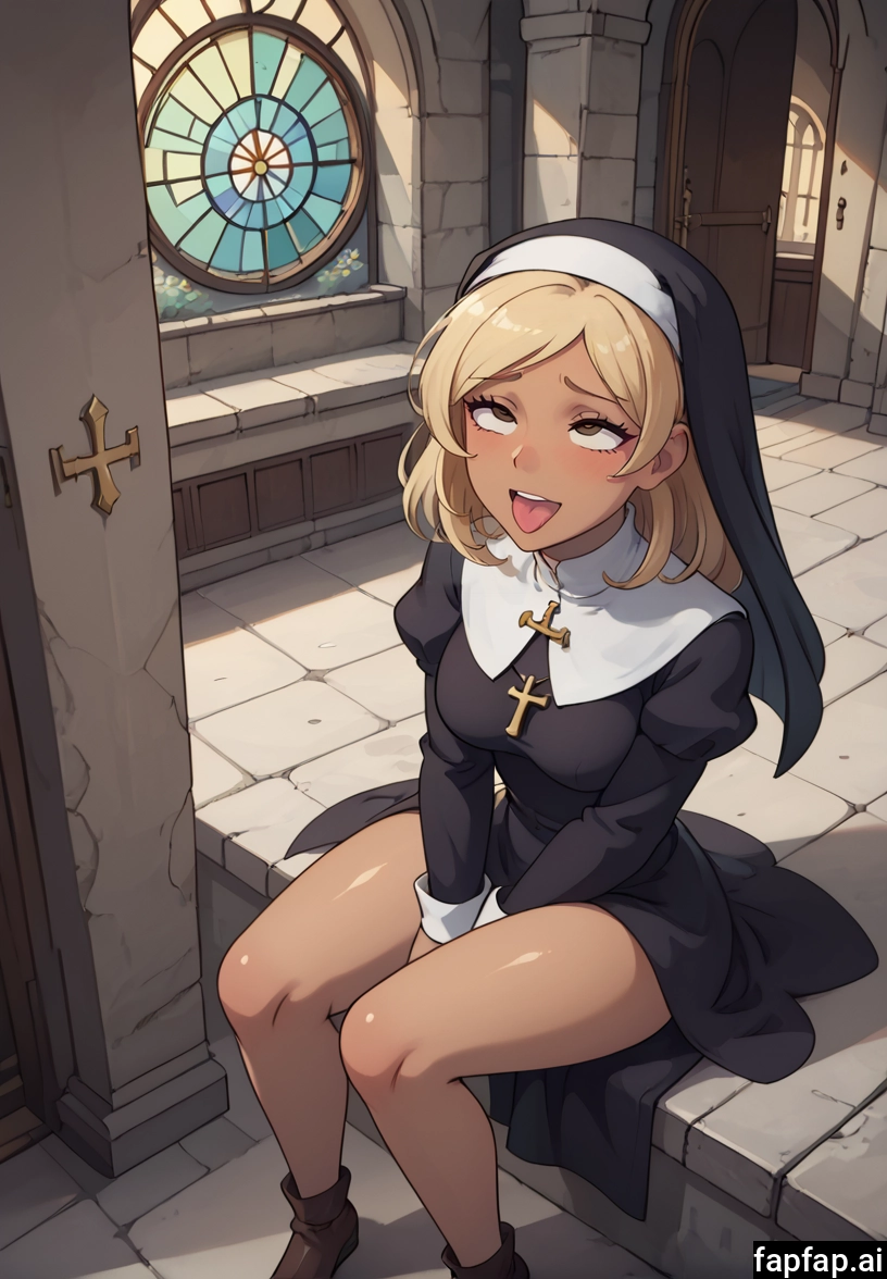 1girl, solo, nun, blonde hair, tongue, church · Yamete.gg